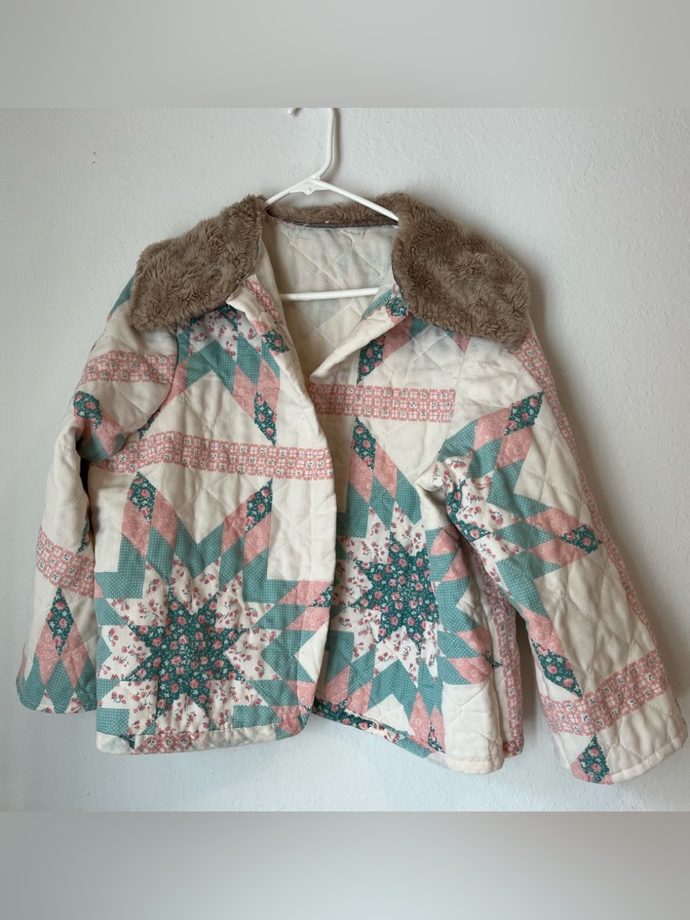 Patchwork Star Quilted Teddy Collar Jacket - Cream, Pink & Teal